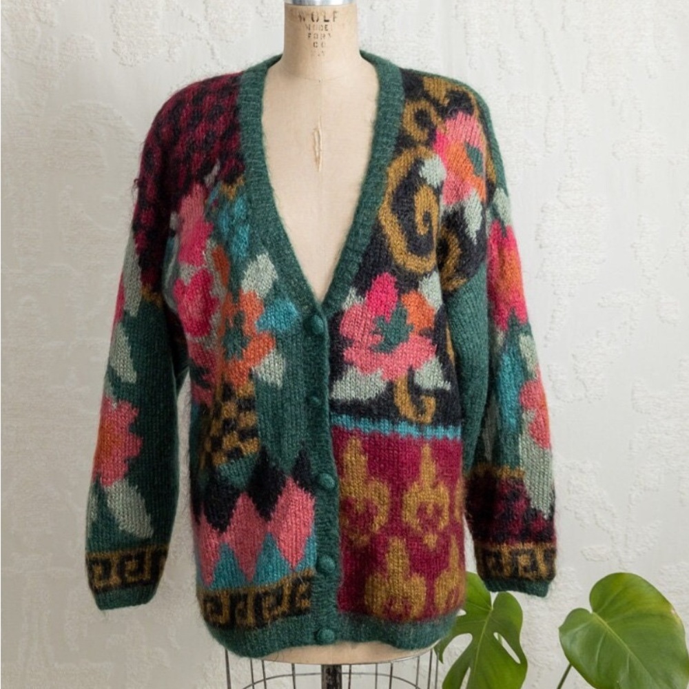 Vintage 1990s Susan Bristol Colorful Pattern Mohair Cardigan